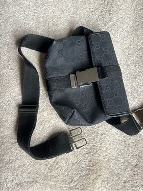 Gucci Black Monogram Belt Bag with Metal Buckle